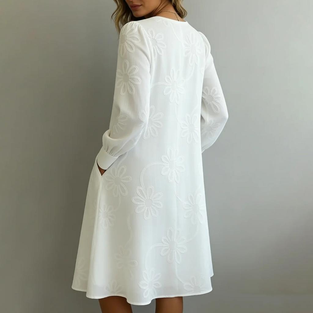 Women Casual Loose Fit Vintage Embroidered Floral V Neck Long Sleeve Dress Comfortable Everyday Wear