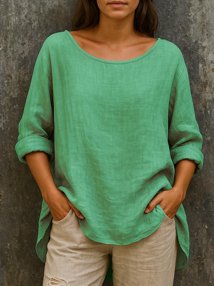 Women s Crew Neck Long Sleeve Tunic Top Loose Fit Vintage Solid Linen Cotton Blend Plus Size Casual Blouse S зелёный