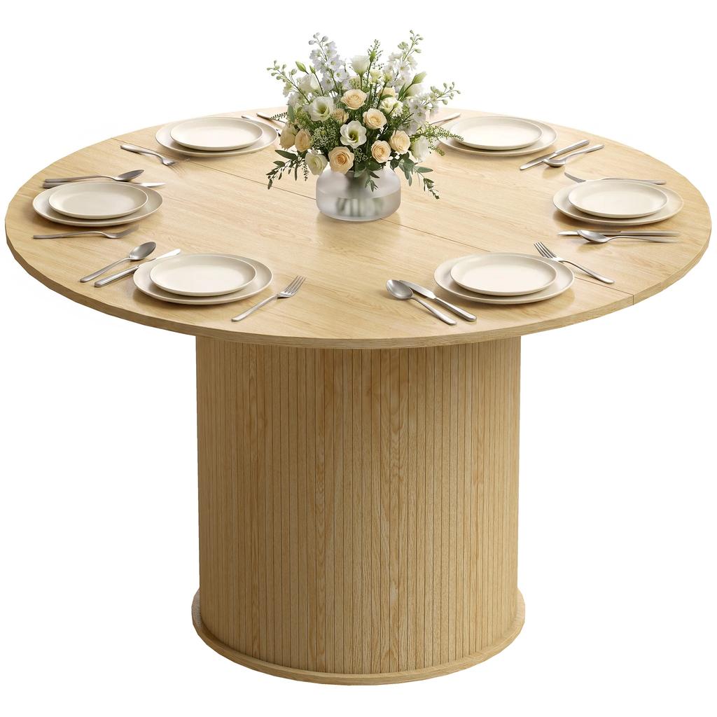 Round Dining Table for 4-6, 120 x 75 cm, Fluted Base, Natural Wood