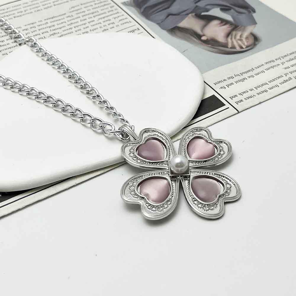 Lucky Flower Heart Necklace: Four-Leaf Clover Long Sweater Chain Women's Accessory