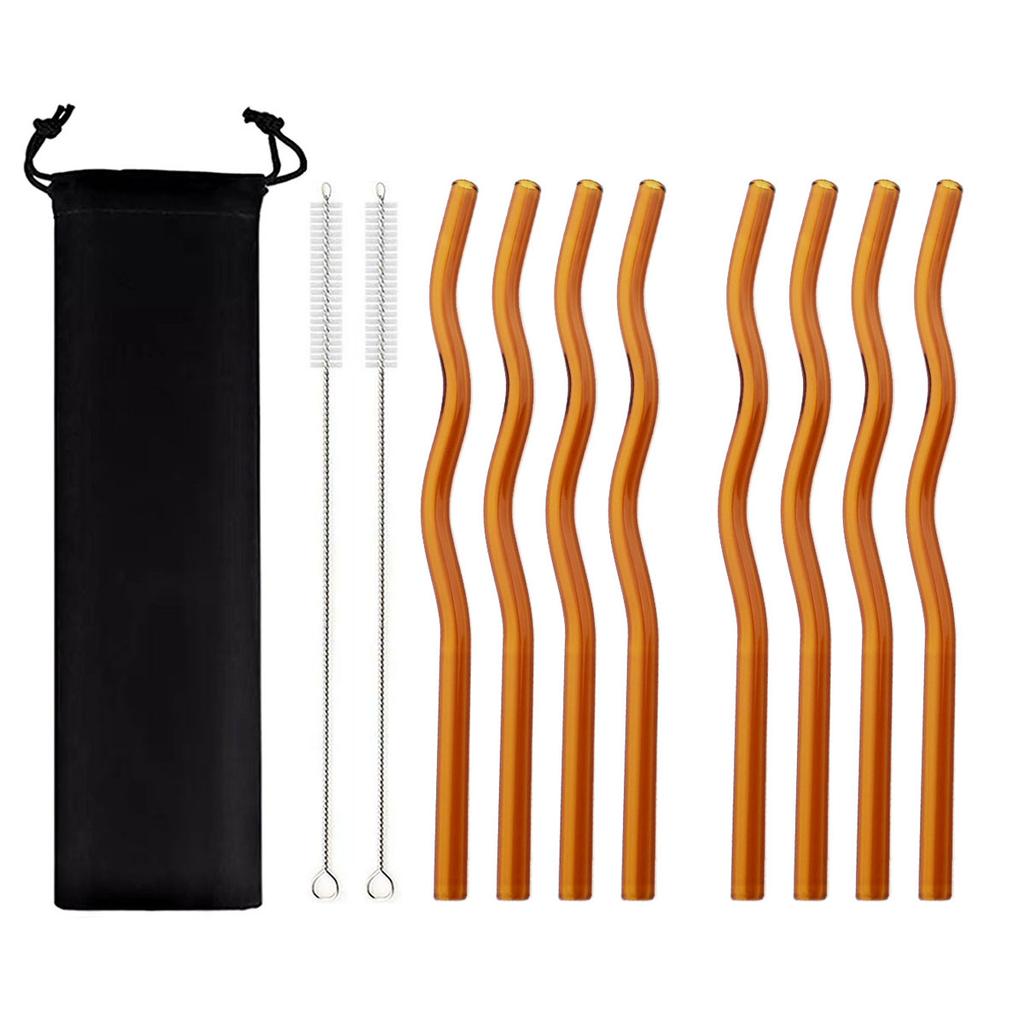 Wavy Glass Straws 11pcs Multicolor Reusable Glass Drinking Straws with Black Pouch for Drinking Beverages Coffee Milk Tea