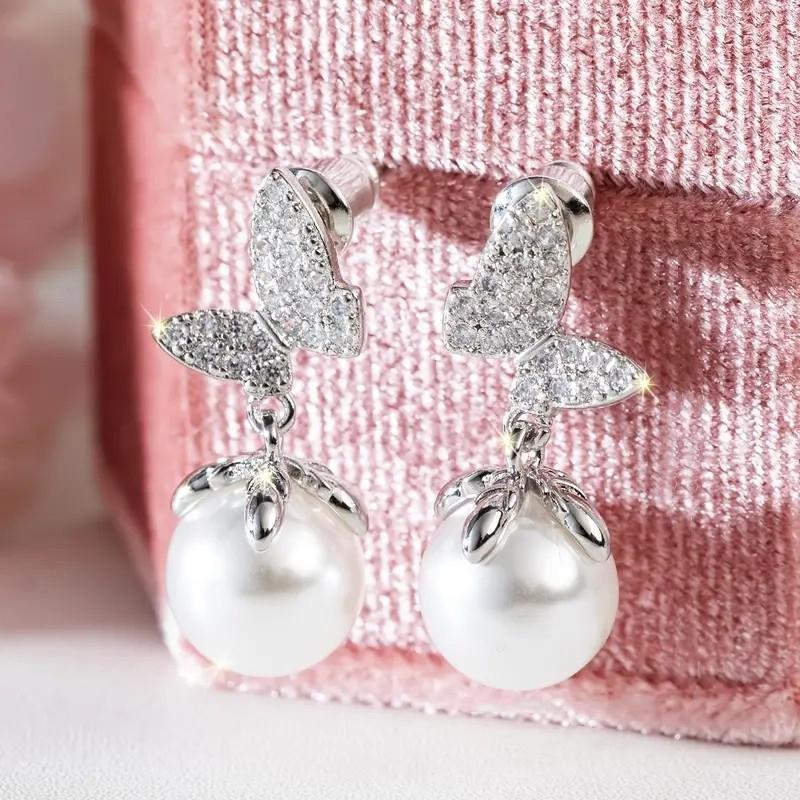 

Huitan Fresh Butterfly Drop Earrings with Round Imitation Pearl Exquisite Ear Accessories for Women Wedding Party Trendy Zircon
