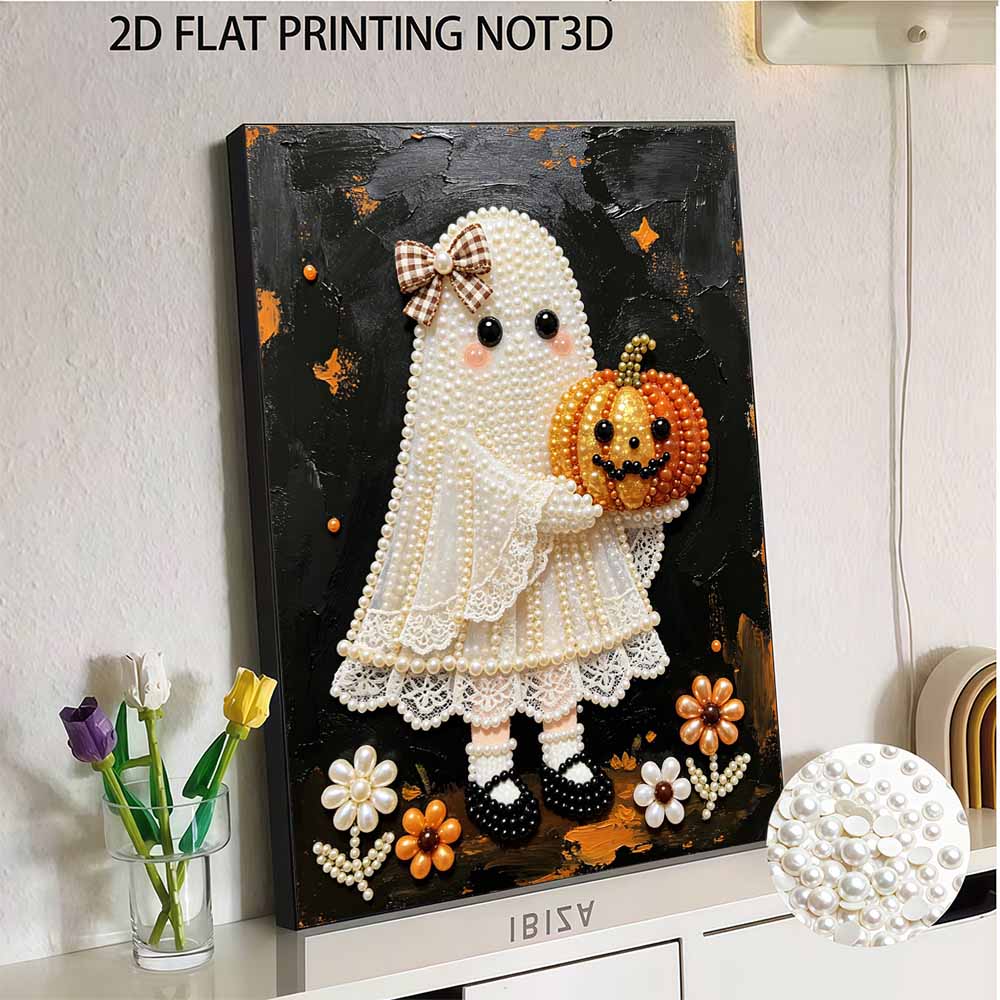 Frameless Pearl Bead Painting Kit Cute Ghost with Pumpkin Design DIY Handmade Craft Canvas for Home Wall Decor Autumn Festival Art
