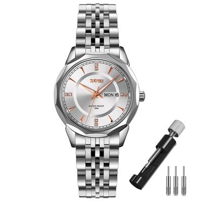Stainless Steel Stylish and Brand Simple Date Day of the Week Luxury Gift for Silver Women's Wristwatch, Classic, Waterproof, Analog, Name, Design,