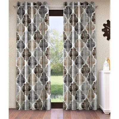 2 Piece Moroccan Motif Eyelet Glace Cotton Window Curtains - Brown