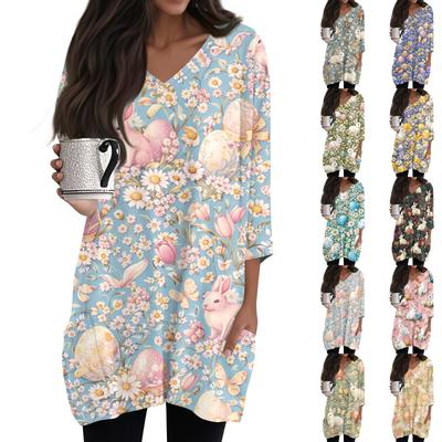 Womens Tops V-neck 3/4 Sleeve Blouses Casual Mid-length Shirts Fashion Print Tunic Tops With Pockets