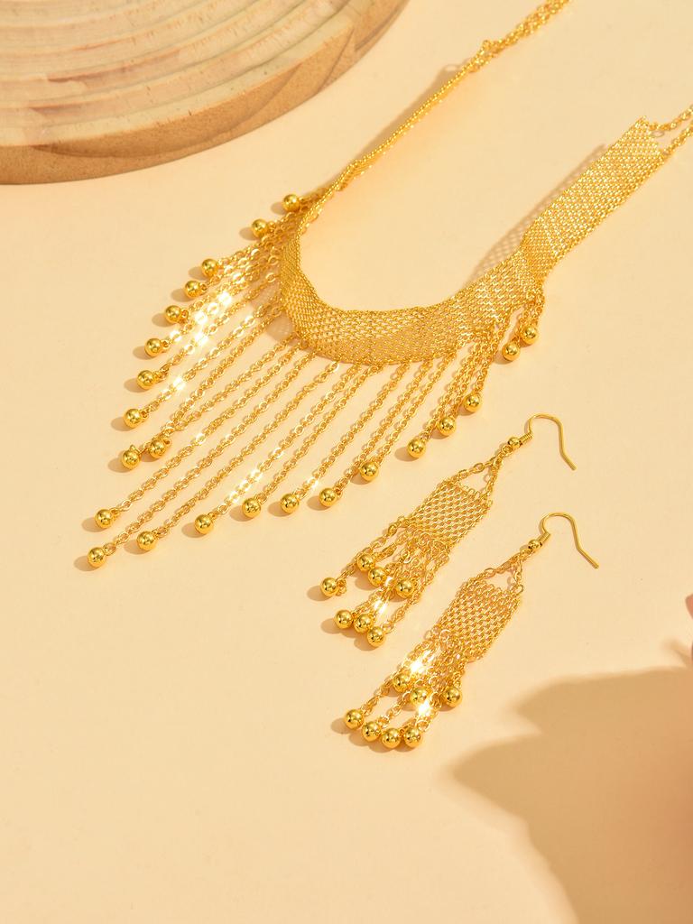 Arabische Braut luxuriöses Vintage-Halsketten- und Ohrring-Set mit langen Quasten zweiteiliges Set Hochzeits-Braut-Schmuck-Accessoire-Set