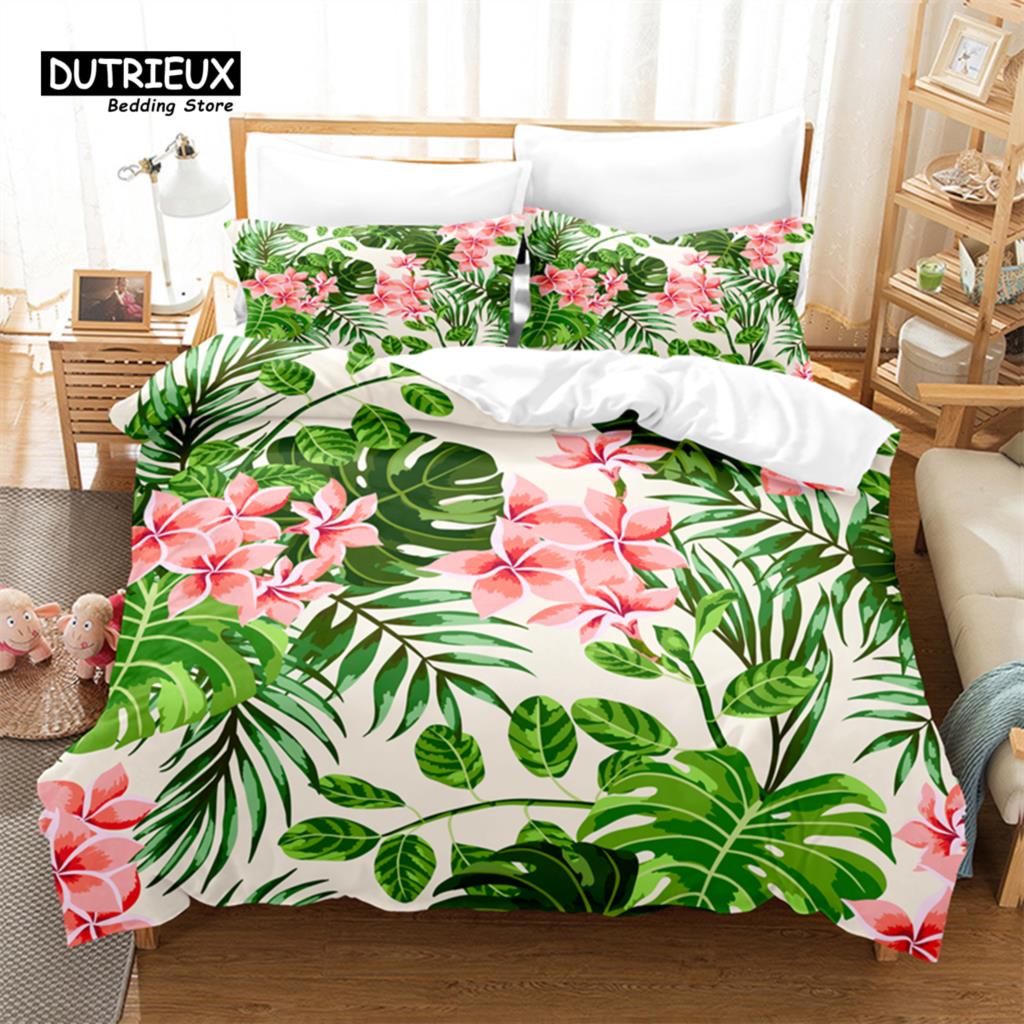 Cartoon Beautiful Flower Bedding Set, Leaf Duvet Cover Set, Soft Comfortable Breathable Duvet Cover, Bedroom Guest Room Decor