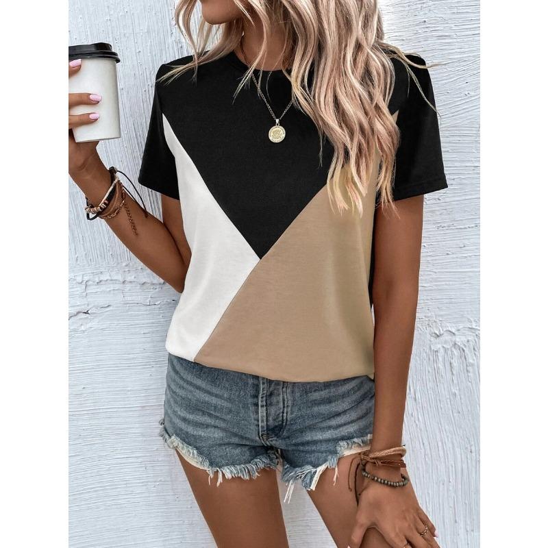 YYFS Women's Fashion Casual Summer Spring Colour Block Print Short Sleeve O-Neck Blouses & Shirts