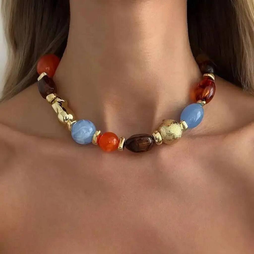 SHIXIN Bohemian Summer New Colored Resin Beaded Beaded Chokers Necklaces Women Vintage Elegant Adjustable Clavicle Chain Jewelry