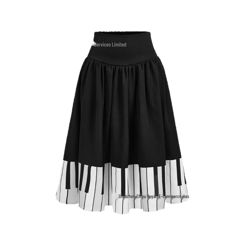 European & American Women's Retro Piano-Pattern High Waist Pleated Skirt - Black & White Short Slimming Design for Summer.