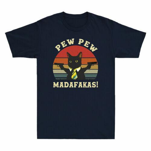 Funny Vintage Black Cat Pew Pew Madafakas Retro Men s T-Shirt Cotton Navy Black M