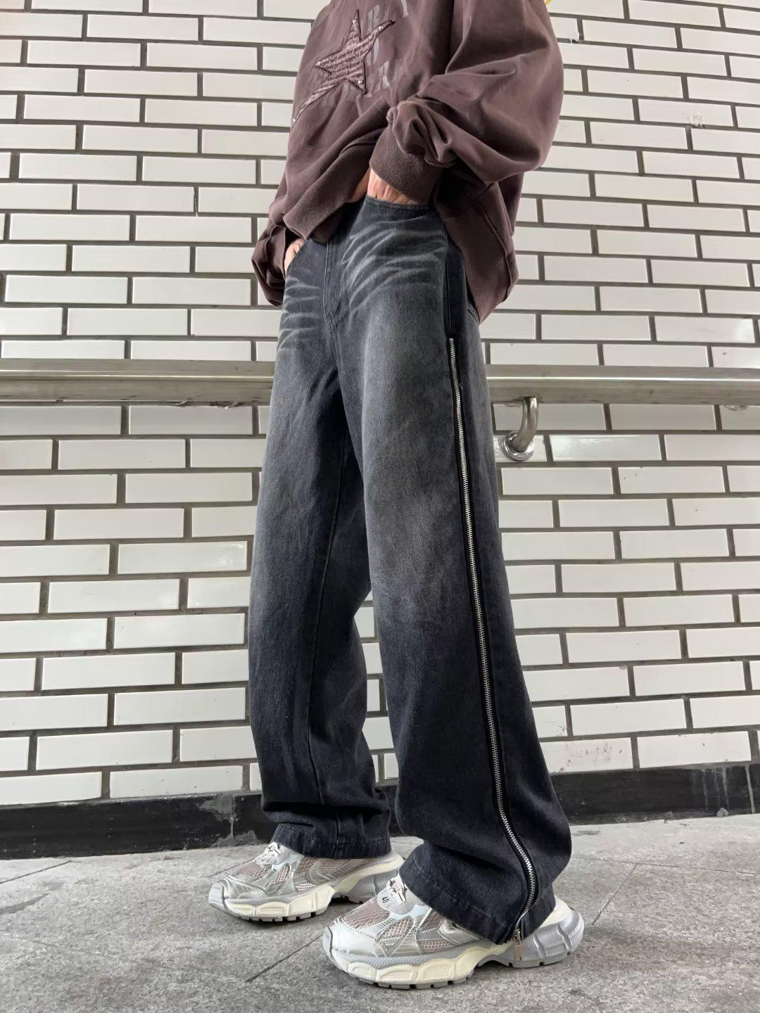 

Джинси унісекс з ефектом прання, широкі штанини: Трендовий весняно-осінній вільний крій з трьома смужками XXX-Large чорний