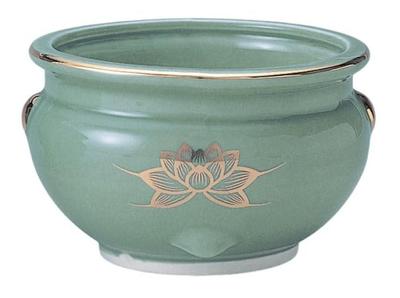 Rökelsebrännare med platt botten med celadon- och guldfärgad lotusdesign [4,5 tum] Buddhistiska altartillbehör, Minnesartiklar för hemmet, Urnanvändning