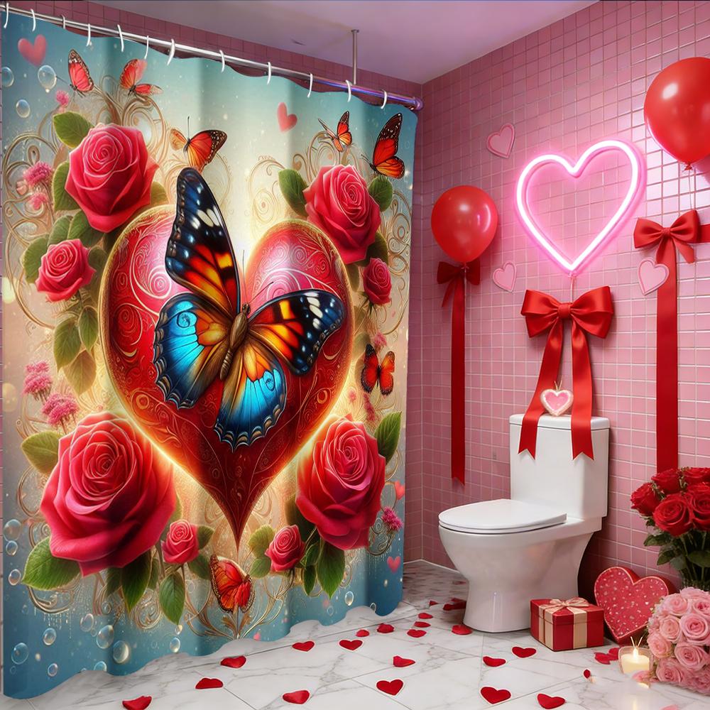 Valentine's Day Love Heart Rose Shower Curtain, Bathroom Shower Waterproof Curtain with 12 Hooks, Fish Shaped Home Decoration
