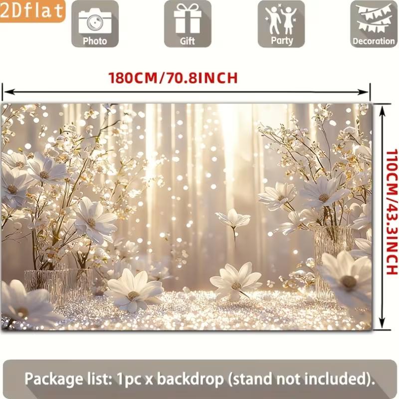 2D Printed Backdrop with White Flowers, Vases, and Sparkling Bokeh Lights