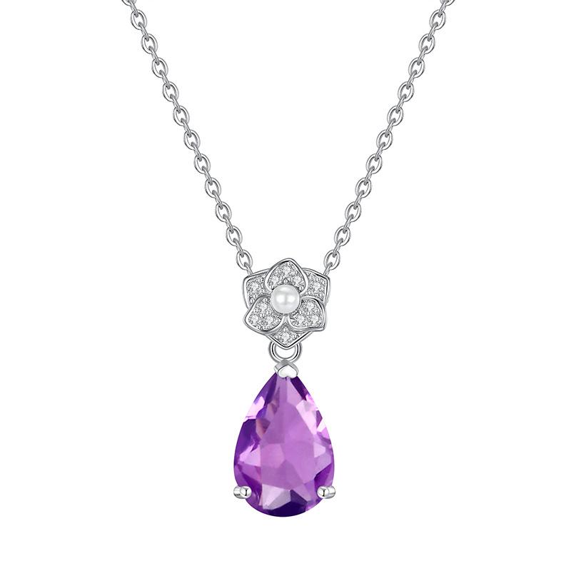 Natural Stone Crystal Pendant S925 Silver Necklace Female European and American Style High-end Crystal Clean Ice Flower Cut Colored Treasure Pendant