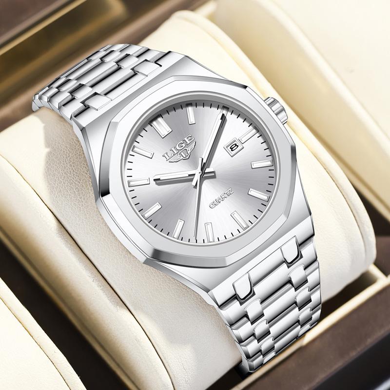 LIGE Mens Watches Super Luminous Auto Date Quartz Man Wristwatches Stainless Steel 3ATM Waterproof Male Gift Box Package