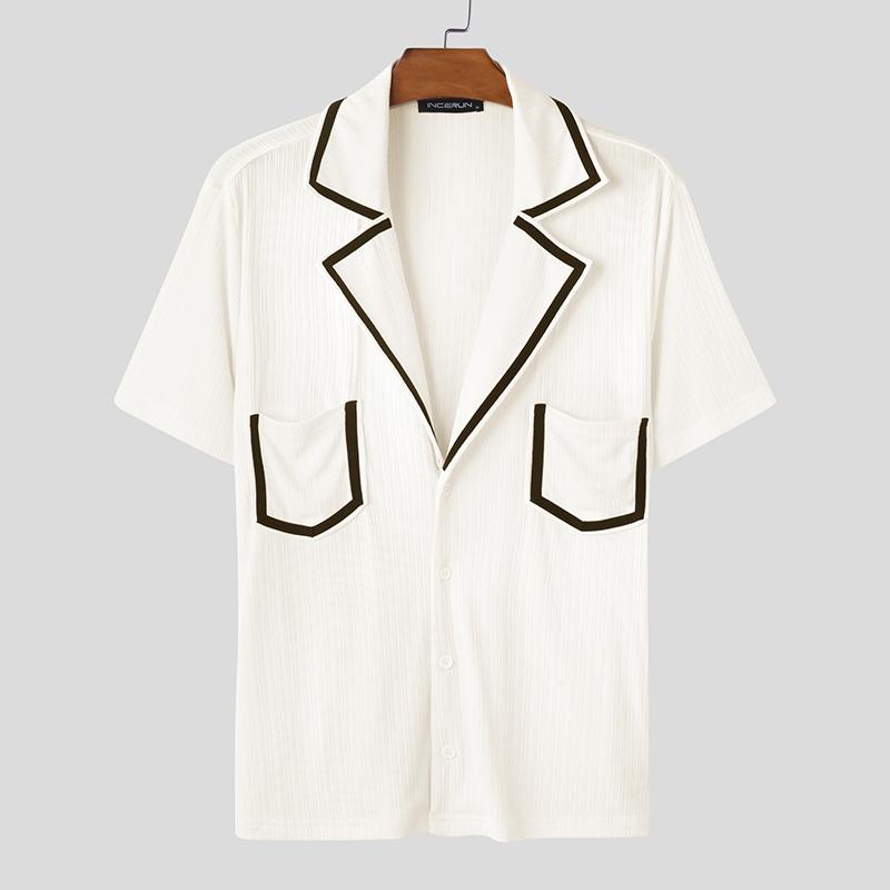 

INCERUN Oversized Men Lapel V Neck Stitching Casual Summer T-shirts Tops 5XL белый