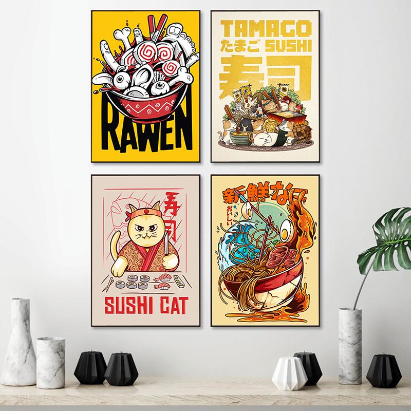Japanese Food Poster Funny Ramen Noodles Sushi Kitchen Wall Art Print Canvas Painting Pictures for Restaurant Home Decor Cuadros