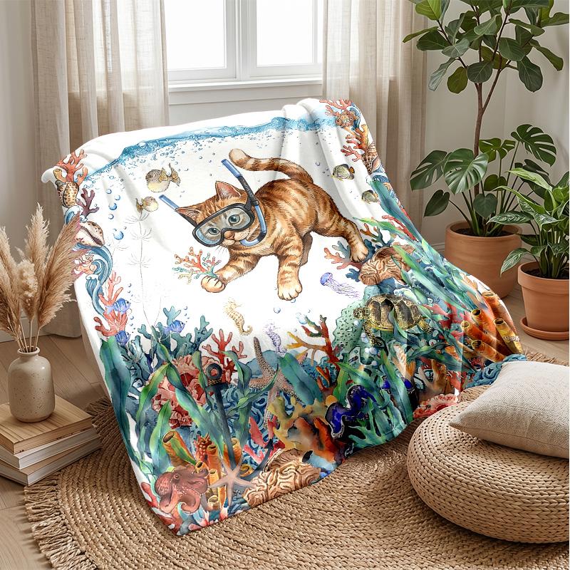 Underwater Cat Adventure 3 Theme blanket Lightweight Warm Flannel Blanket Decorative Throw Blanket for Home Decoration