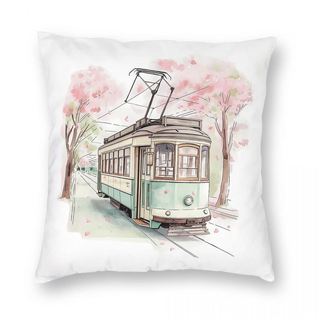 Tokyo Tram Under Sakura Bloom Square Pillowcase Polyester Linen Velvet Pattern Zip Decor Pillow Case Sofa Cushion Cover