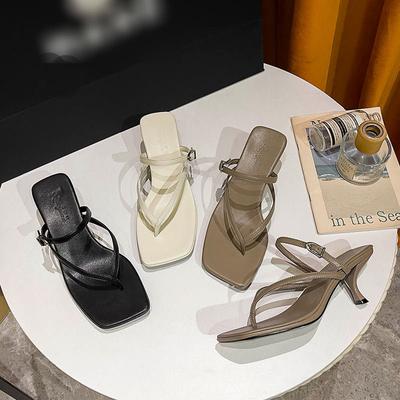 Summer High Heels Stiletto Fashion Square Head Pinch Sandals Kitten and Flip-flops Cool Slippers