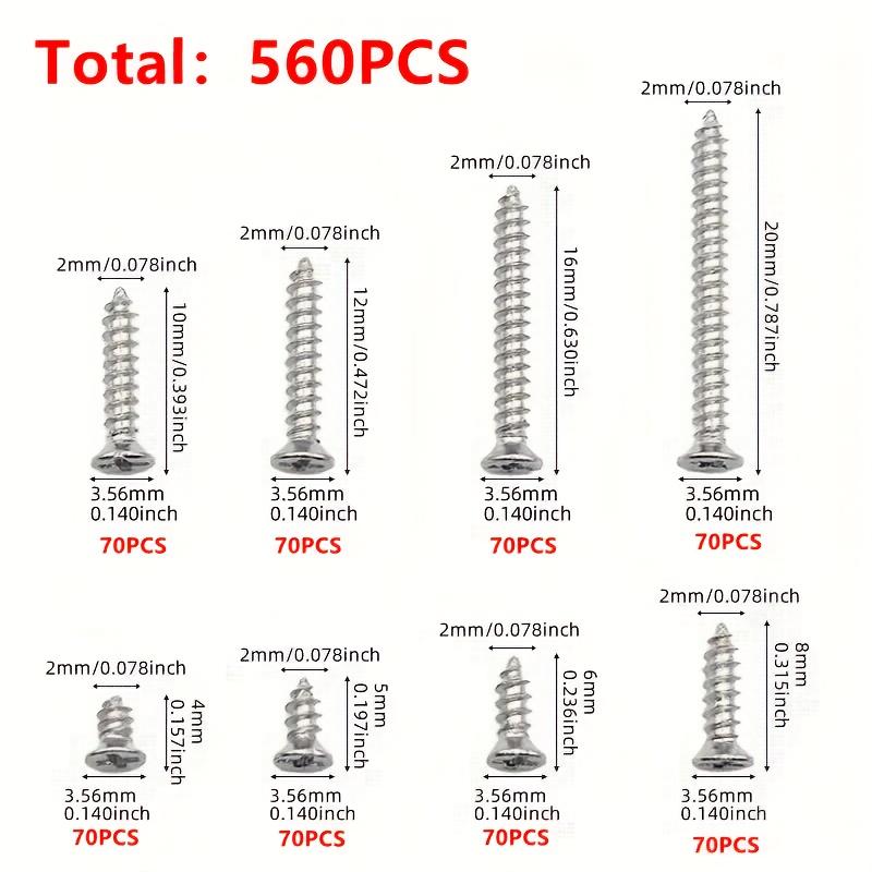 560Pcs/box Self-tapping Wood Screw Set - Including 8 Different Sizes of M2 Cross Flat Head Metal Screw Classification Kit