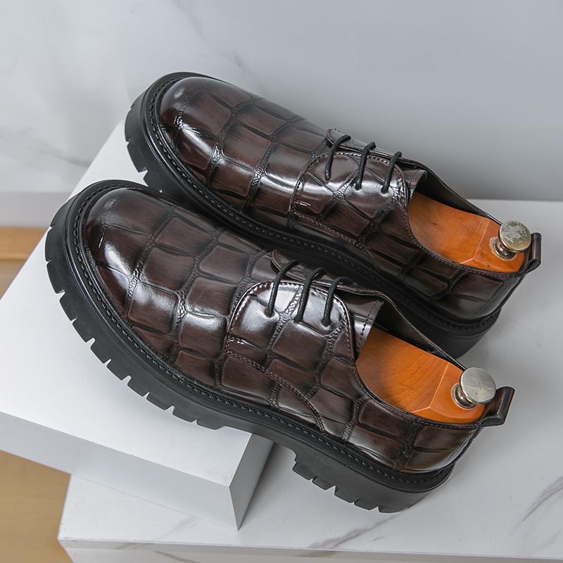 Fashion Retro Checkered Derby Shoes Man Platform Leather Casual Shoes For Men Big Size Lace Up Thick Bottom Heightening Business Shoes