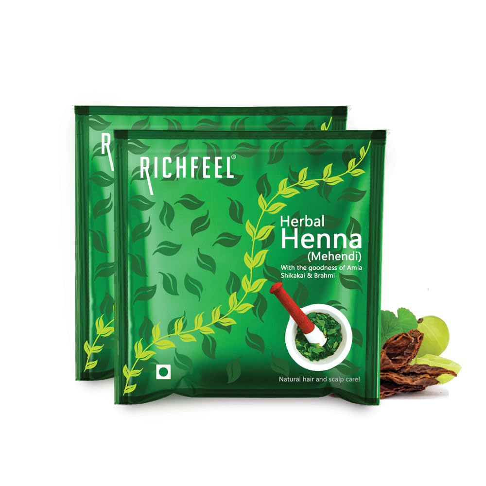 Порошок Хны и Мехенди Richfeel для Волос | Натуральный Цвет и Уход за Волосами с пользой Амлы, Шикакая и Брахми | 100 г (Упаковка из 2 шт.)