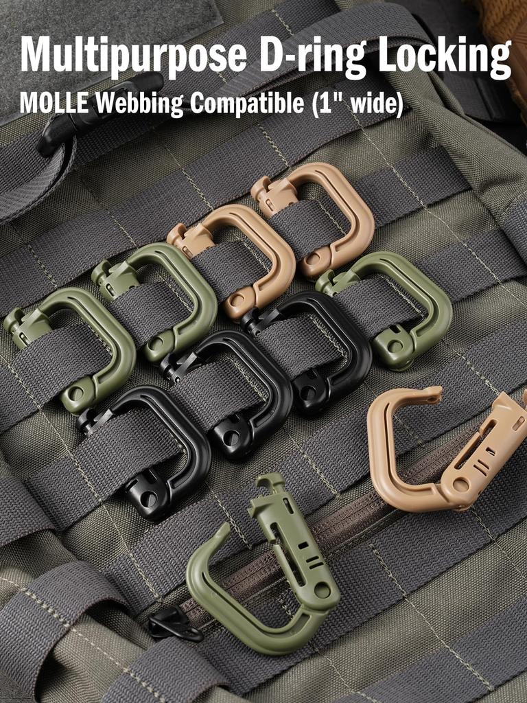 VIPERADE VAB1 Multipurpose with Molle Webbing Locks and Tactical Locking Carabiners for Molle Webbing Attachments on and Pouches 10-Pack D-Rings 1"