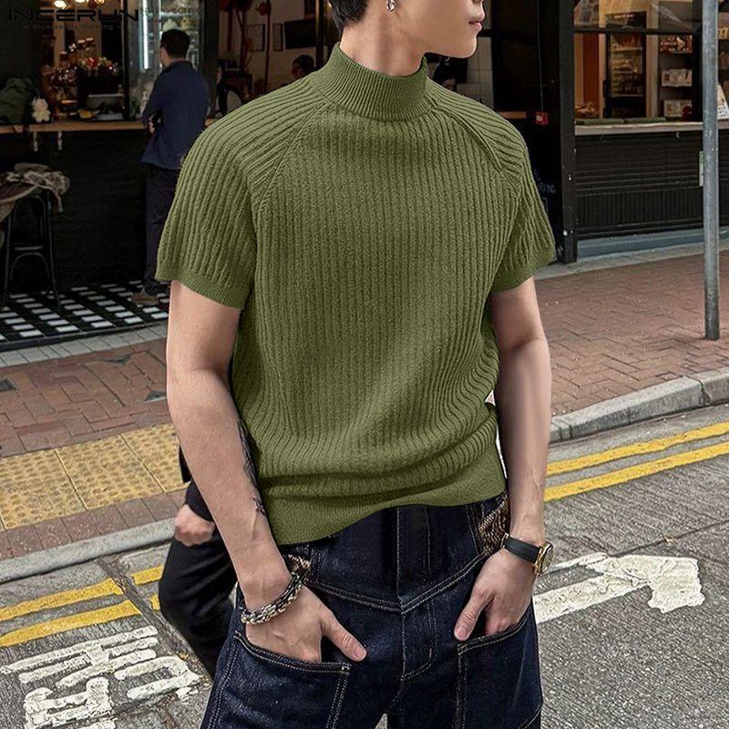 INCERUN Men High Neck Short Sleeve Casual Rib Fitted Tops T-shirts