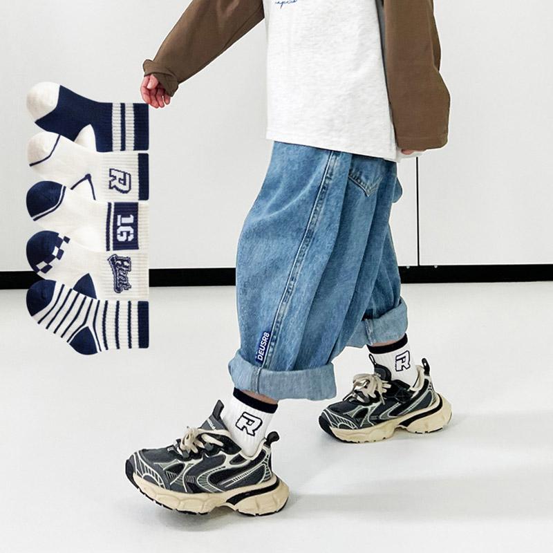 Fashion R Letter Baby Socks 5 Pairs Summer Mesh Breathable Boy Girl Stripe Middle Tube Socks 0-12 Years Kids Casual Sports Socks
