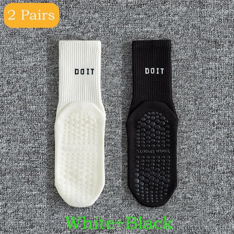 2 Pairs Sports Socks Cotton Mid-calf Yoga Socks Solid Striped Breathable Anti-slip Indoor Fitness Socks Gym Dance Pilates Socks
