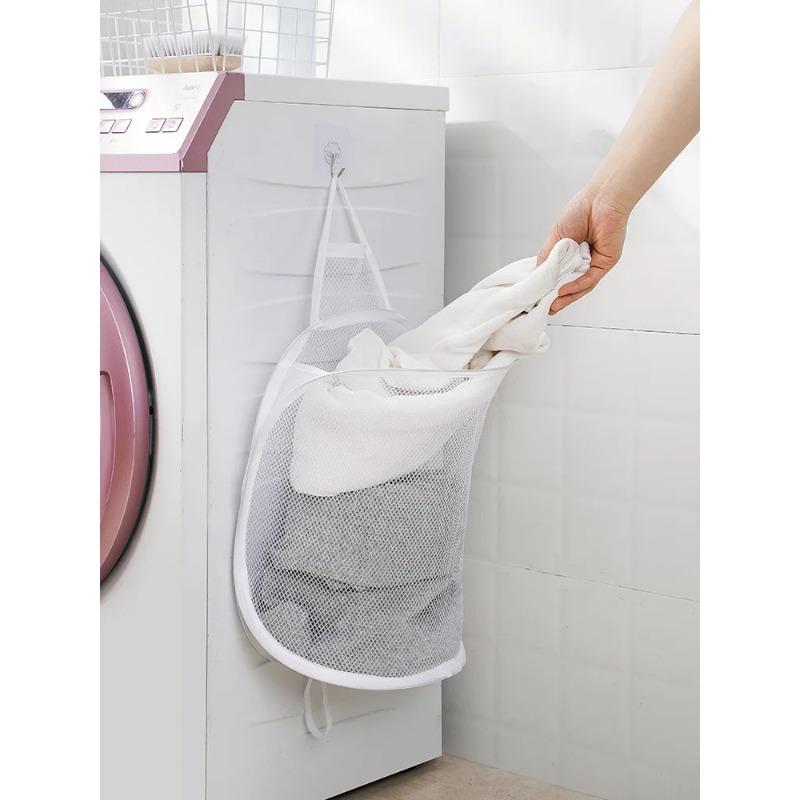 Foldable Storage Laundry Basket Organizer Dirty Clothes Mesh Bag Household Wall-mounted Bathroom Clothes Hanging Baskets Bucket