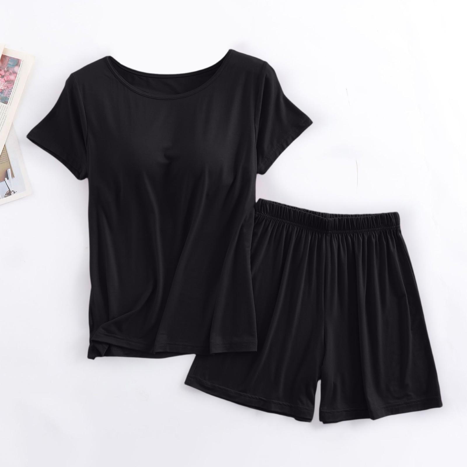 

Женский пижамный комплект с нагрудной подкладкой, однотонный топ с короткими рукавами, шорты с сердечками, две части L чёрный