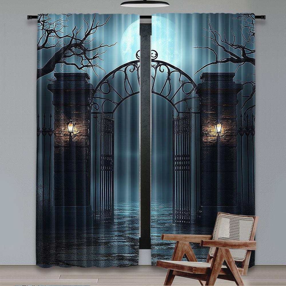 2Pcs Horror House Curtain Moon Halloween Historical Gate Gothic Candles Wall Lamp For Living Room Bedroom Dining Room