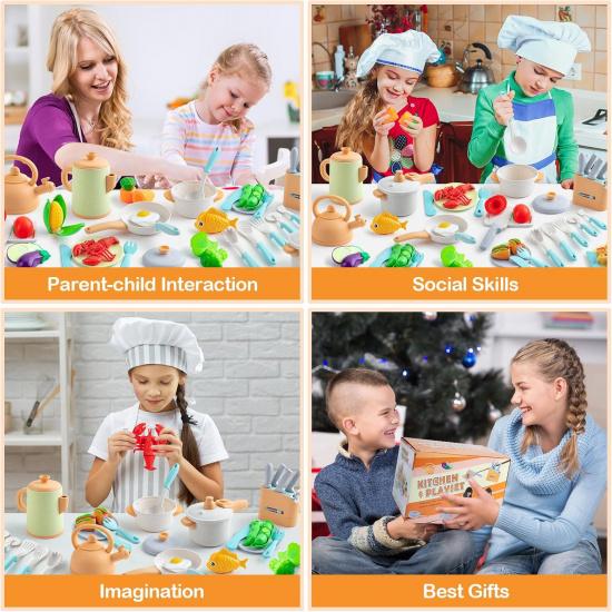 Kids Play Kitchen Accessories, 42Pcs Toddlers Pretend Toy Kitchen Playset Cooking Sets with Pressure Pots and Pans, Cookware, Utensils, Cutting Play