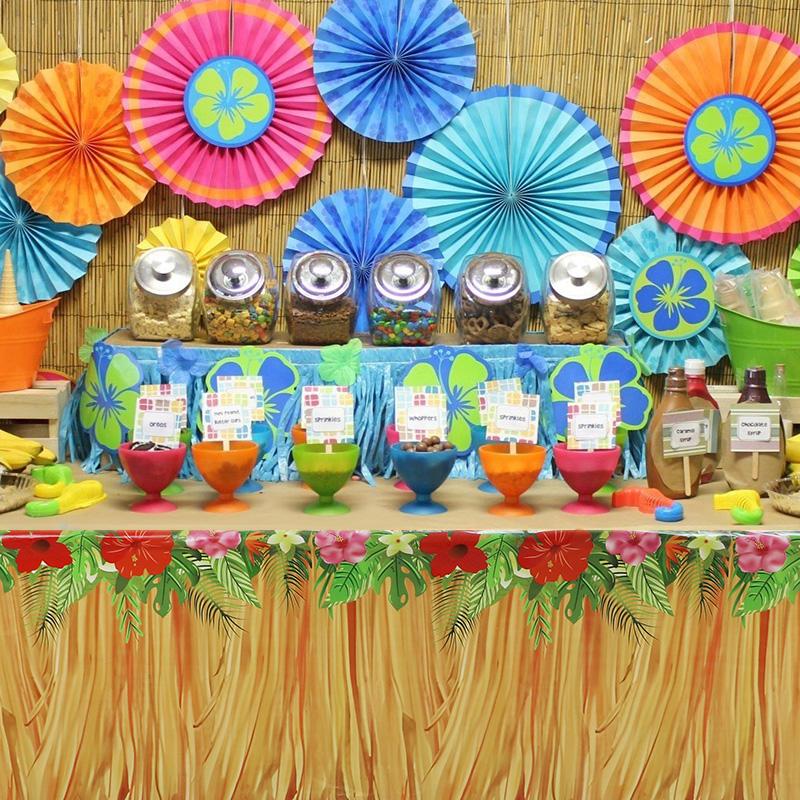 Hawaiian Summer Party Disposable Tablecloth Grass Flowers Pattern Table Cover Tropical Beach Birthday Party Decoration Supplies
