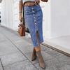 Falda Midi de Mezclilla Azul con Botones Frontales, Abertura Lateral, Cintura Alta, Casual