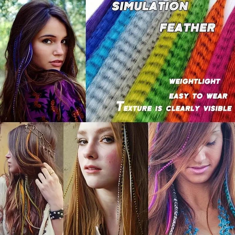 10Pcs Colored Hair Feathers Extension Kit for Women Long Straight Synthetic Hair Feather for Cosplay Party