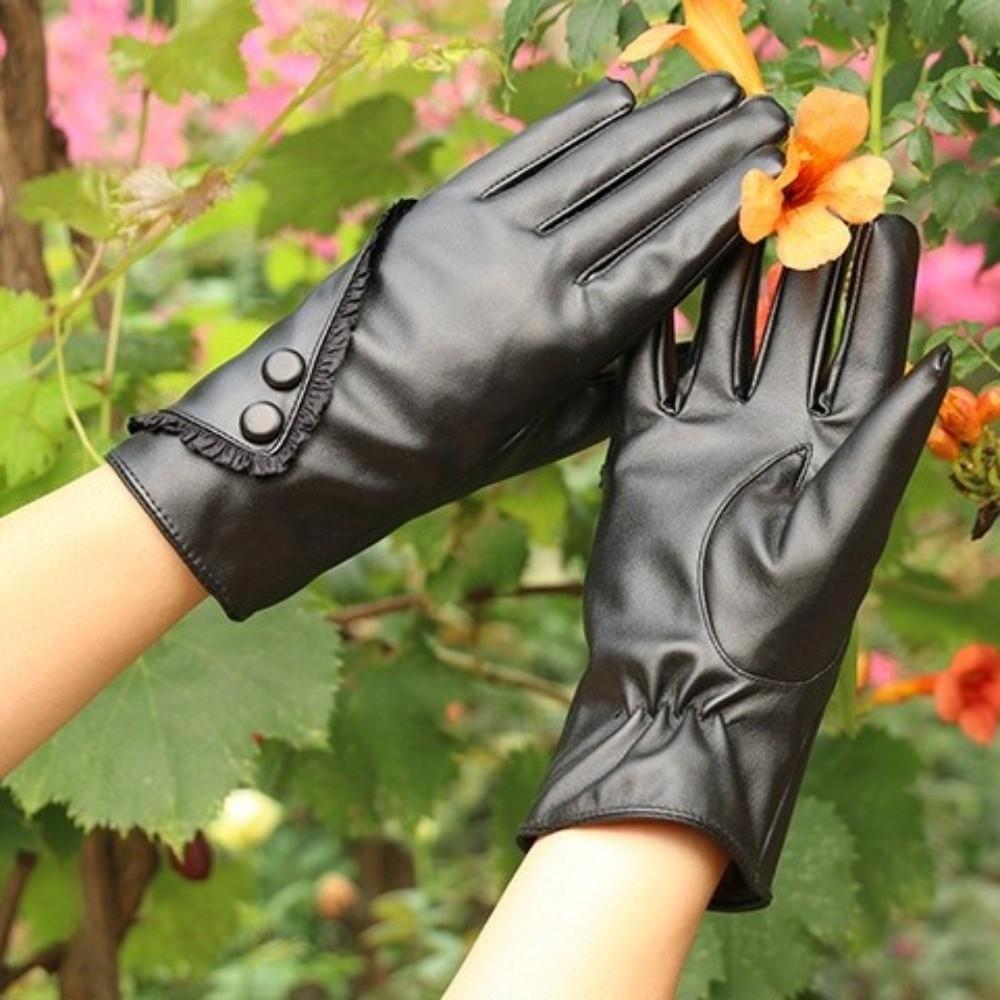 PU Leather Lace-trimmed Gloves Winter Warm Outdoor Cycling Gloves Fashion Touchscreen Gloves