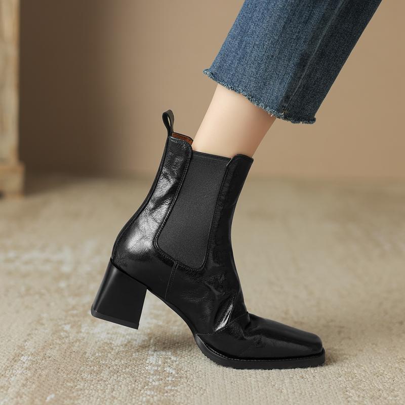 Módní dámské nové podzimní/zimní boty Chelsea s extra velkým lýtkem, z pravé ovčí kůže, s elastickými vysokými podpatky a čtvercovou špičkou