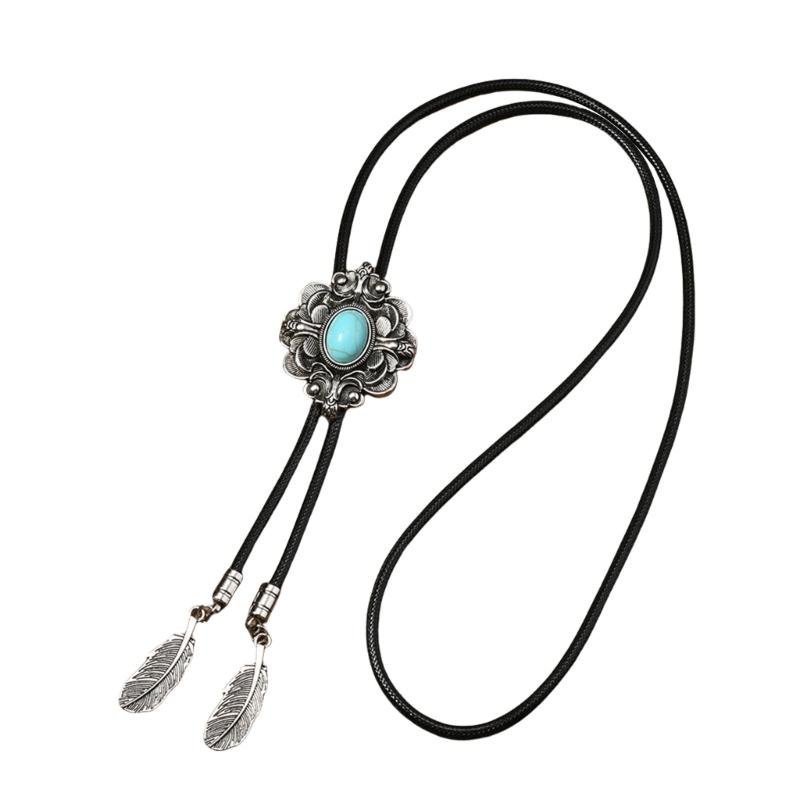 Men's Rodeos Western Leather Cord Bolo Tie Antique Floral Stone Jewelry Cowboy Necktie Necklace with Feathered Pendant