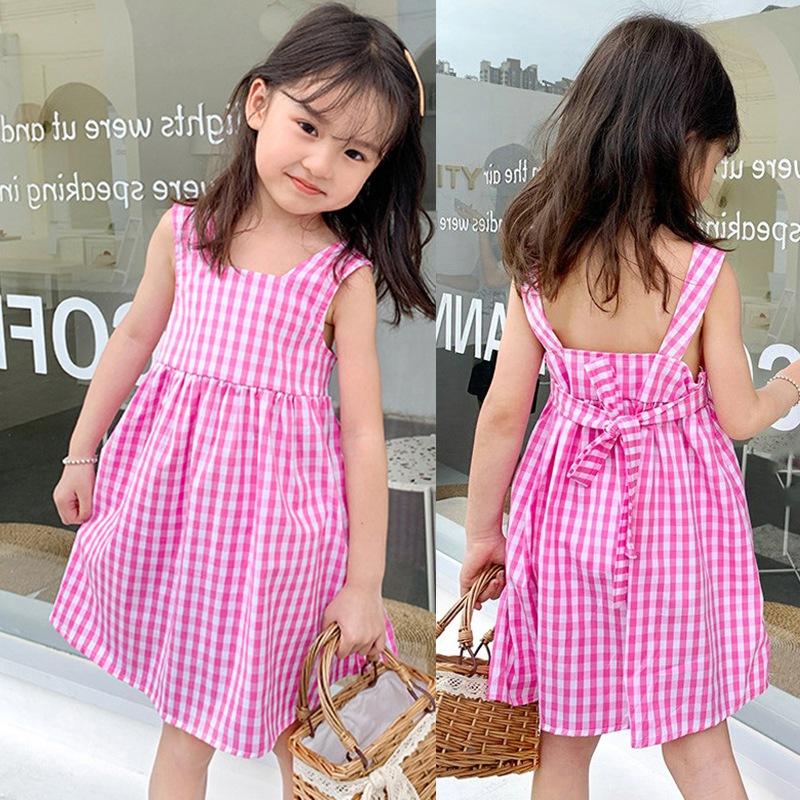 Toddler Girls Suspender Dress Summer A Line Dress Pleated Beach Dress Plaid Princess Dress Sleeveless Sundress Square Neck Overall Dress 3-8T