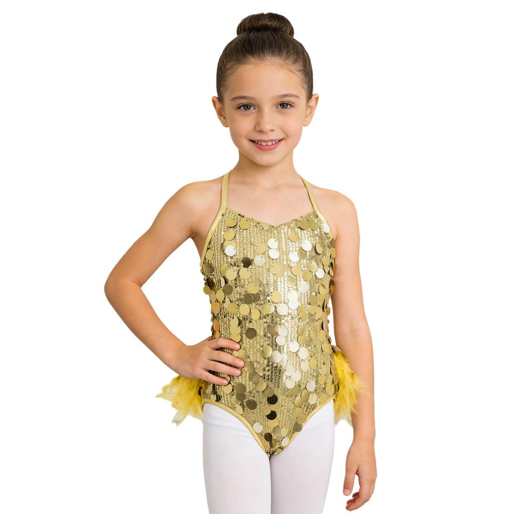 Kids Girls Dance Performance Costume Sleeveless Side Invisible Zipper Back Mesh Patchwork Feather Glittery Sequin Leotard
