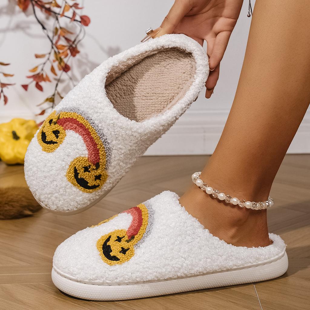 Fashion Plush Home Thick-Soled Comfortable Plush Cotton Slippers with Rainbow Pattern Embroider, Cute Warm Non-Slip Indoor Slippers