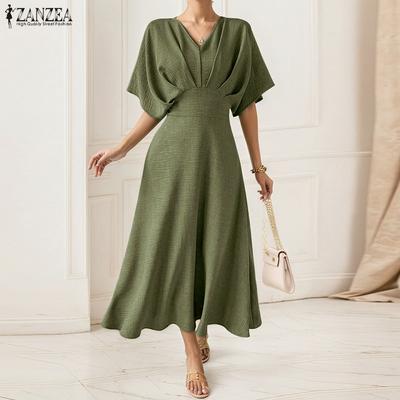 Women Summer V-Neck Casual Short Sleeve Slim Waist Dress