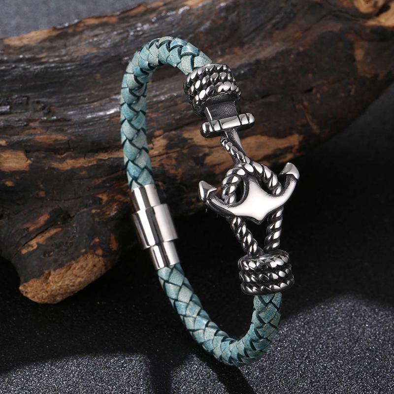 New Stainless Steel Anchor Bracelet Men's Jewelry Punk Black Woven Genuine Leather Bracelet Charm Vintage Gifts