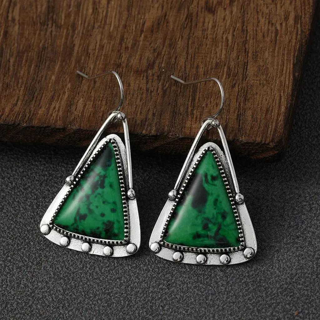 Vintage Asymmetric Water Drop Earrings Jewelry Green Pattern Flower Metal Declaration Earrings Accessories